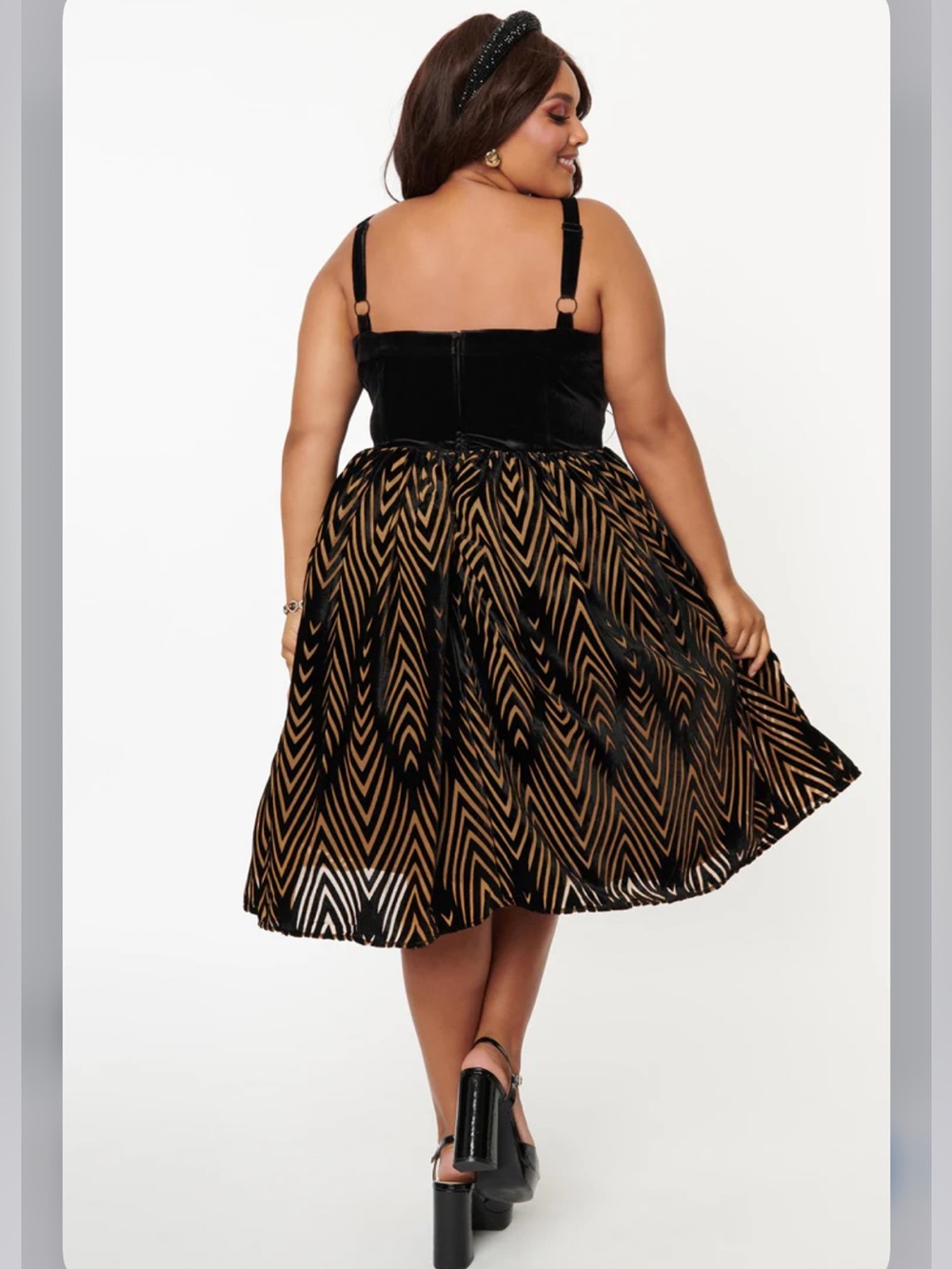 Unique Vintage Bertie Black Velvet Chevron Swing Dress - Size XL - Picture 2 of 15